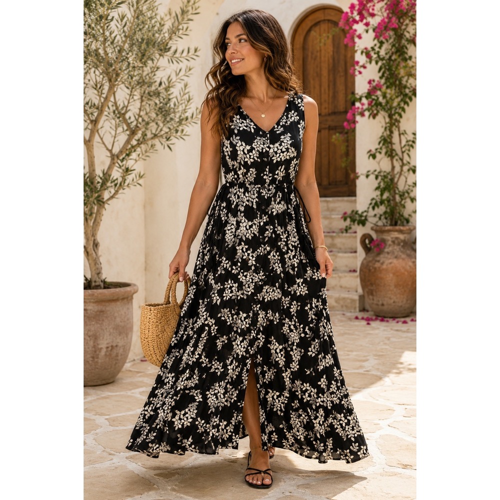 Who What Wear Black Floral Maxi Dress Side Cut Out Tassel Tie Small